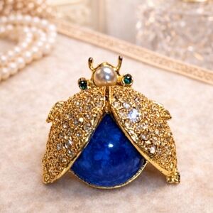 Vintage SPHINX Beetle Brooch Faux Lapis Pearl Rhinestone Bug Insect Pin